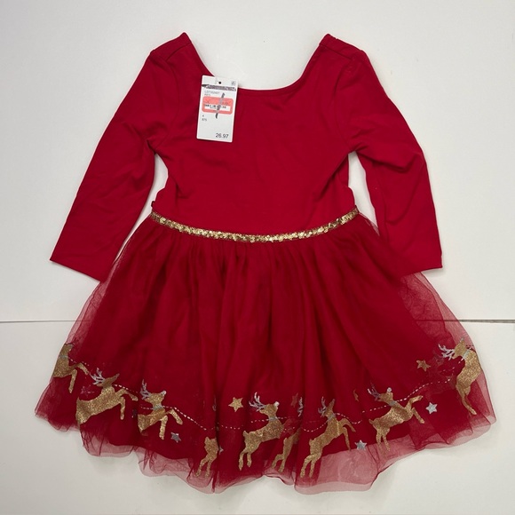 Zunie Christmas Red Glitter Reindeer Long Sleeve Dress Size 4 NWT - Picture 2 of 5